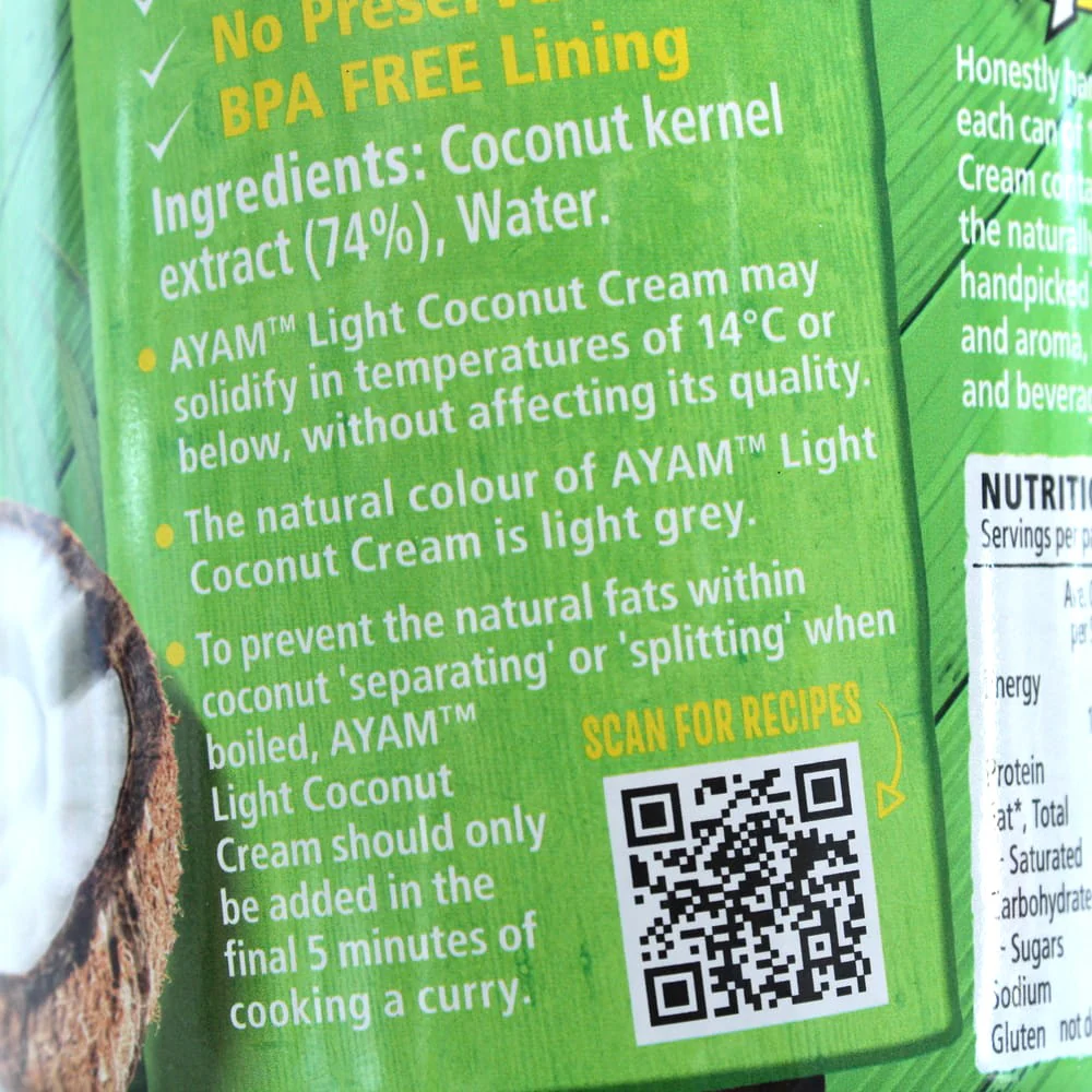 Ayam 100% Natural Light Coconut Cream 270ml - Image 6